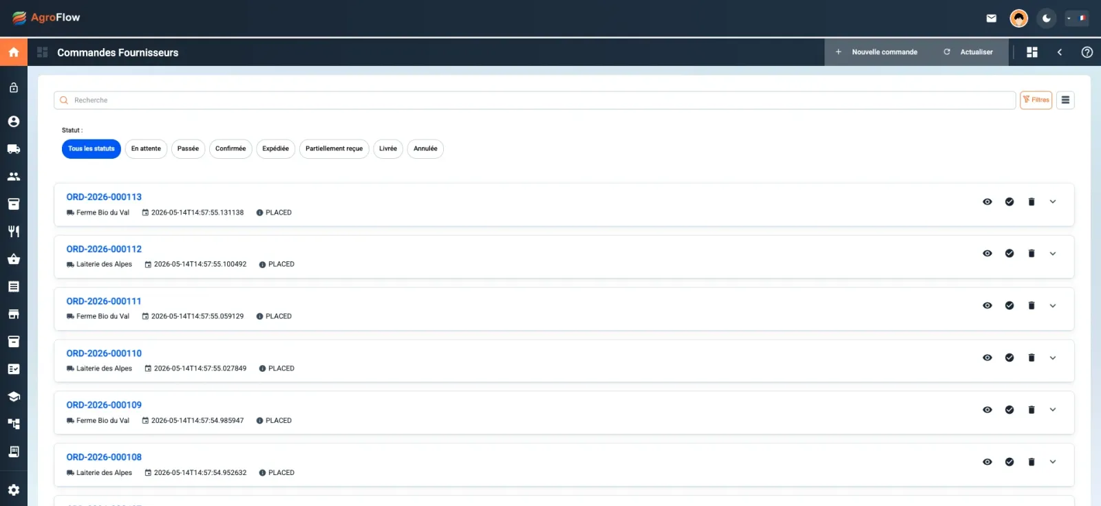 Liste des commandes fournisseurs dans AgroFlow