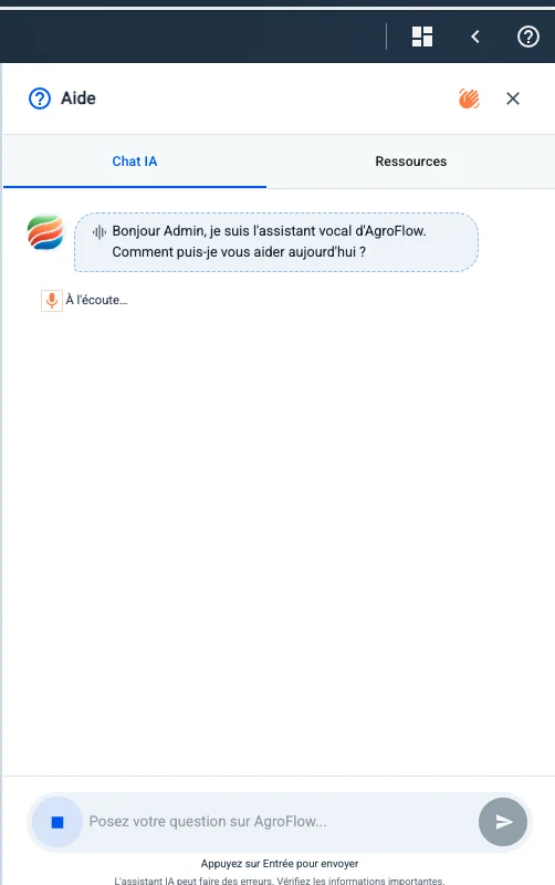 Assistant IA d'AgroFlow : mode vocal, transcription de l'assistant et bouton micro actif