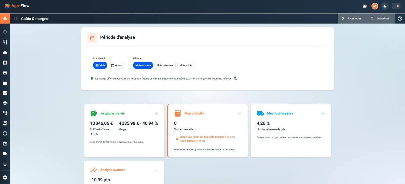 Tableau de bord des coûts et marges dans AgroFlow