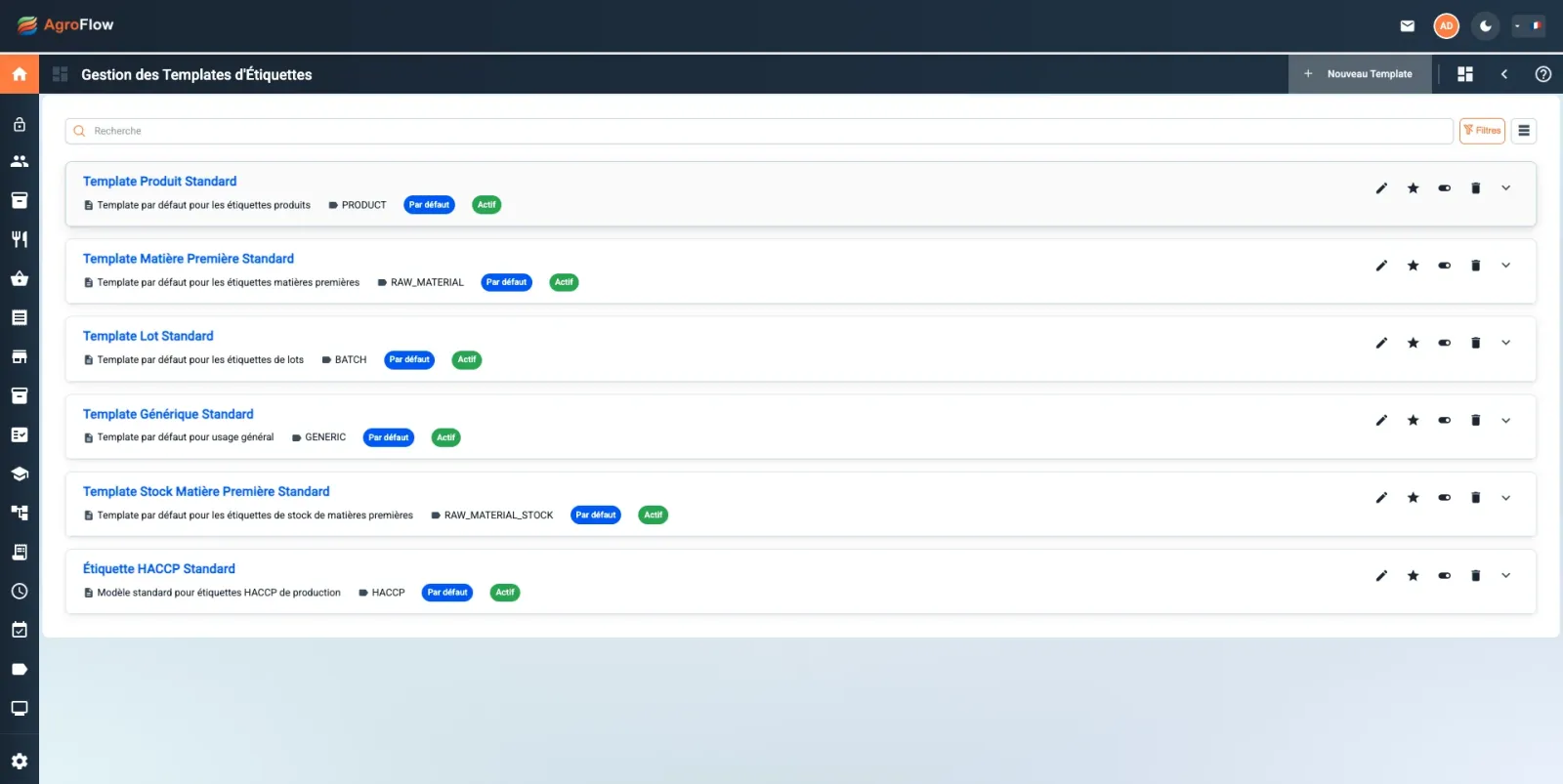 Liste des modèles d'étiquettes dans AgroFlow