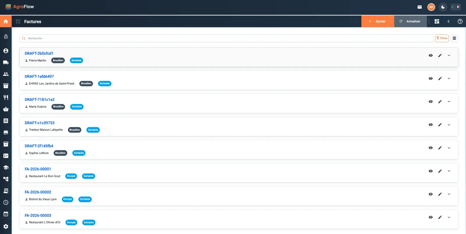 Liste des factures dans AgroFlow