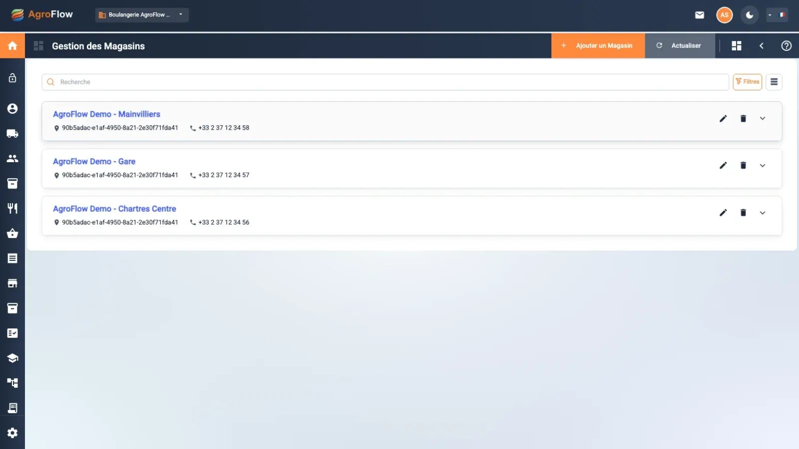 Liste des magasins dans AgroFlow