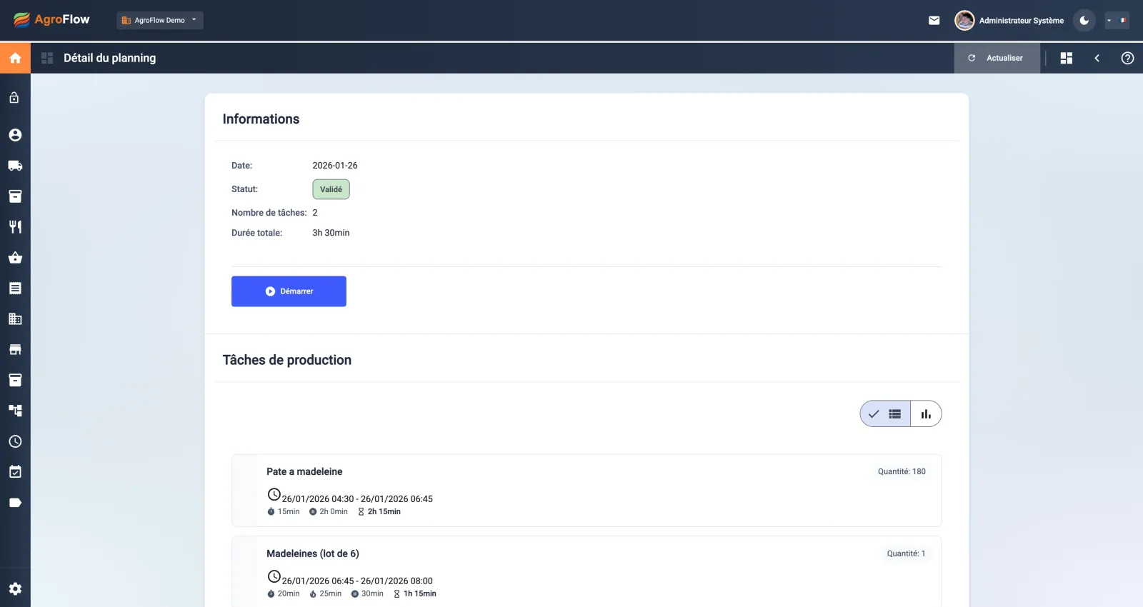 Détail d'une session de production planifiée dans AgroFlow