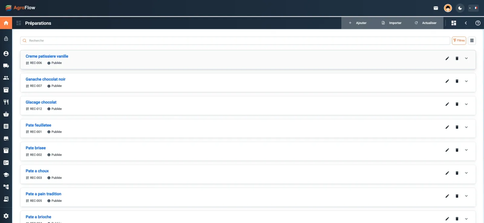 Liste des fiches de préparation dans AgroFlow