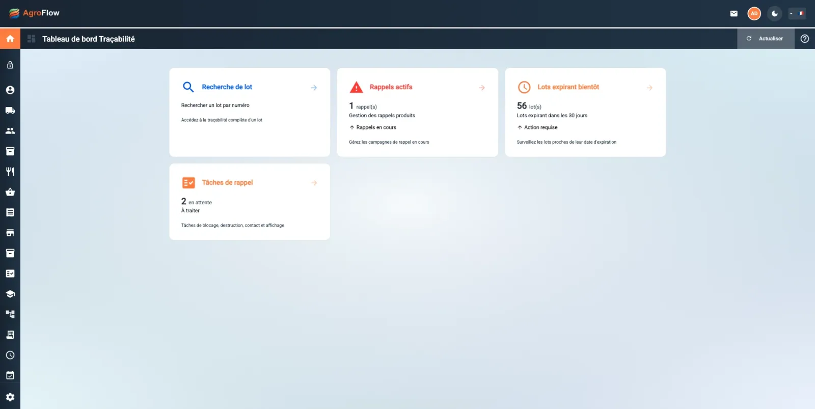 Tableau de bord de traçabilité et des rappels dans AgroFlow